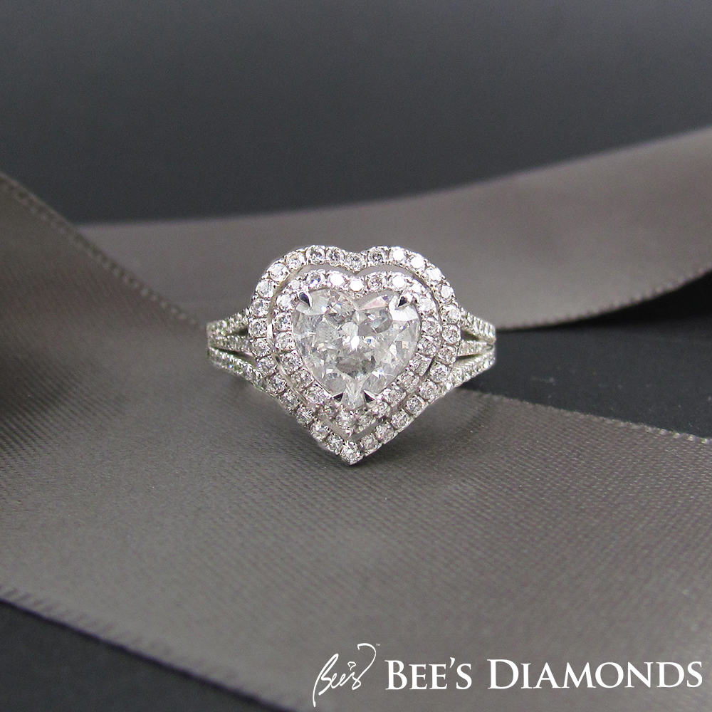 3 carats heart shape diamond ring with two halos of diamonds