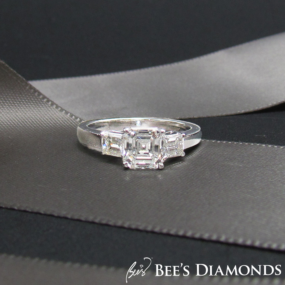 Asscher cut, three stones diamond engagement ring | Hong Kong