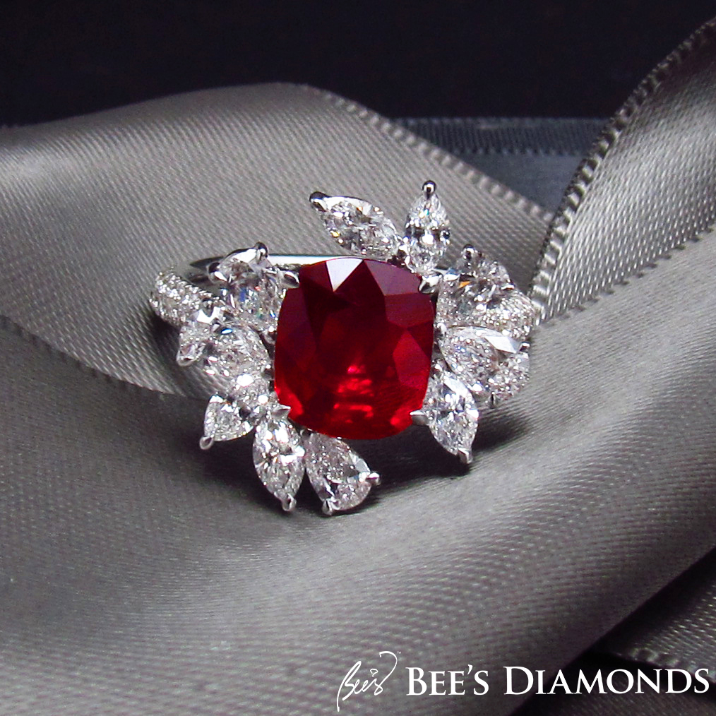 Cushion mozambique ruby, pigeon blood, diamond ring | Bee's Diamonds