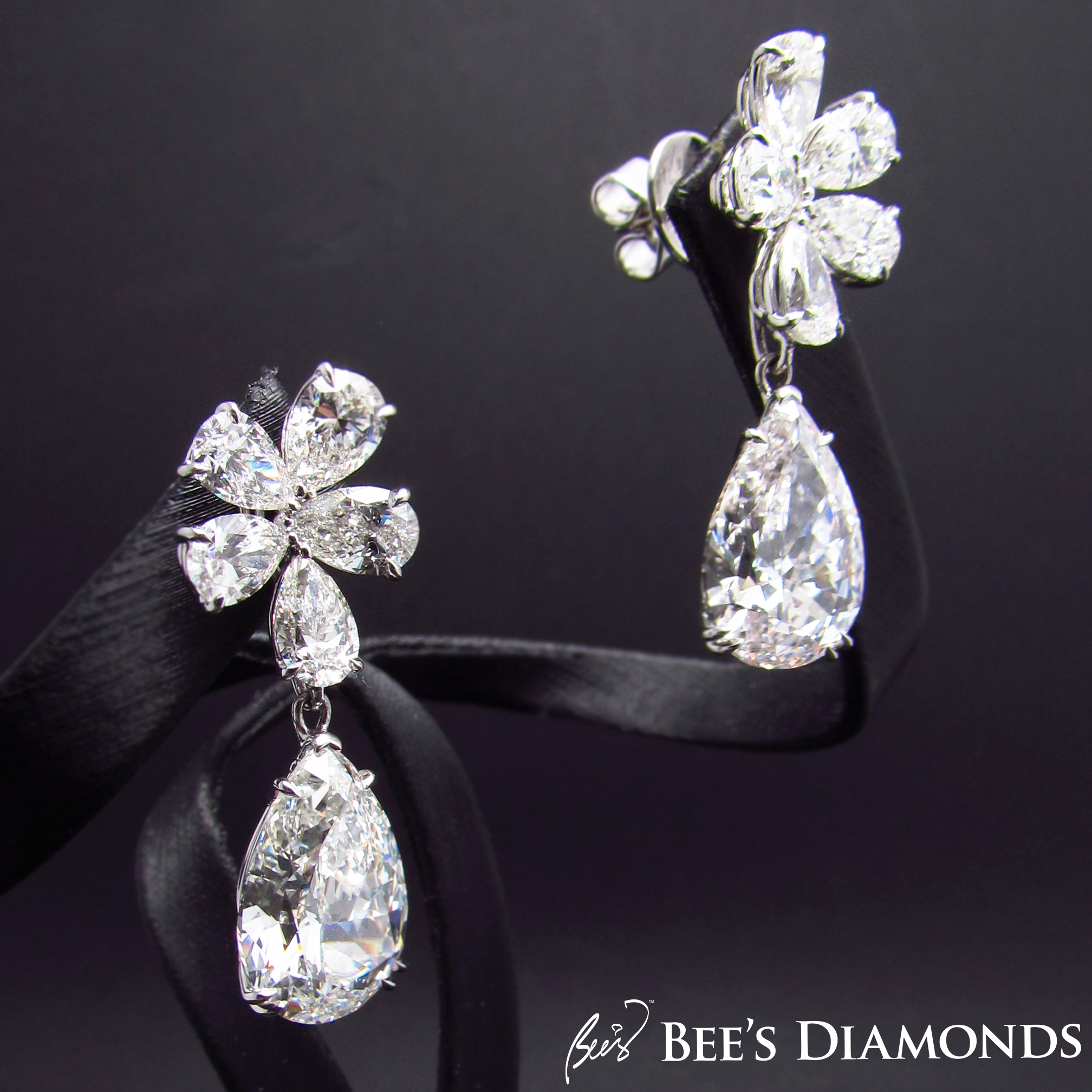 Pear shape diamond earrings, floral stud earrings | Bee's Diamonds