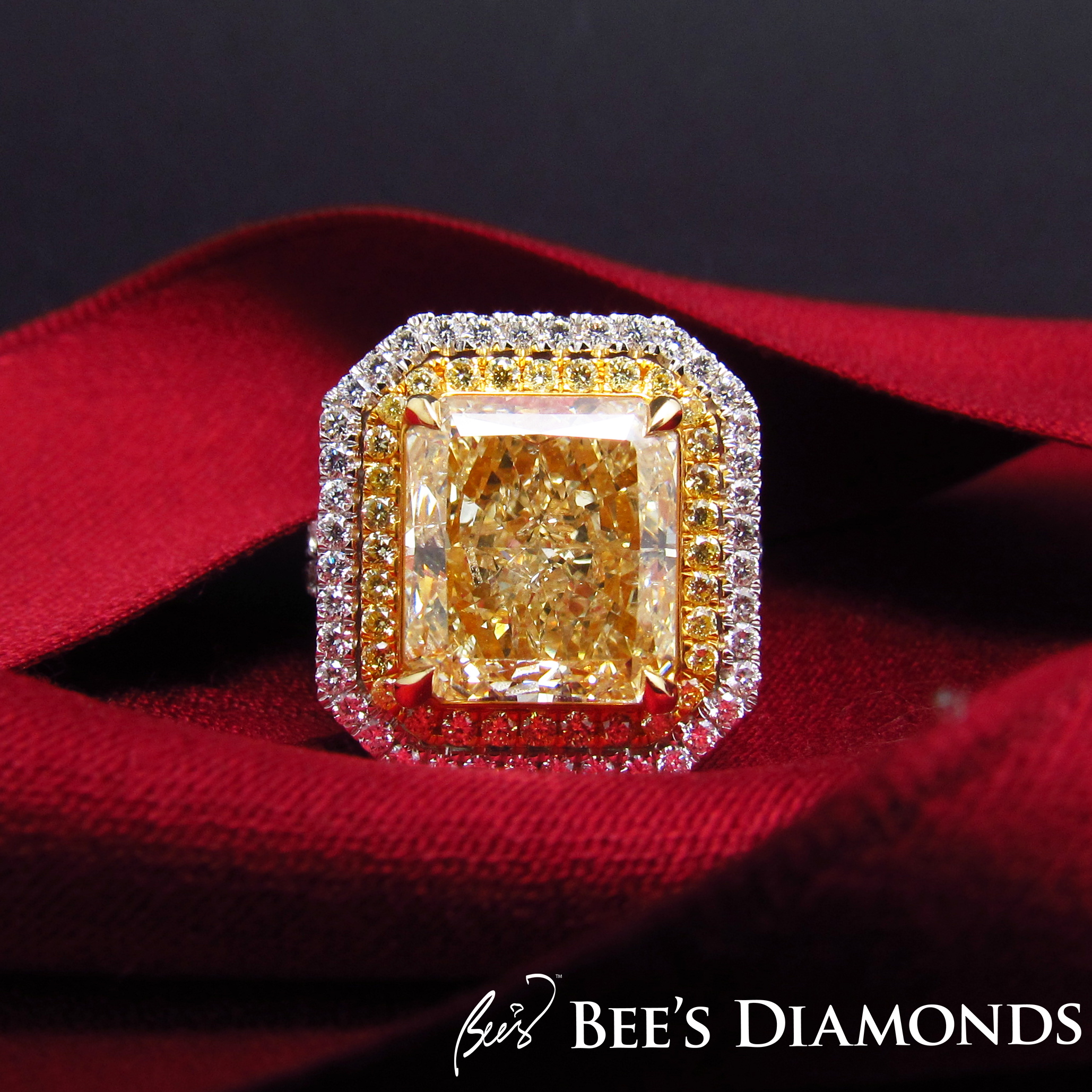 Large radiant cut, fancy yellow diamond ring | Bee's Diamonds