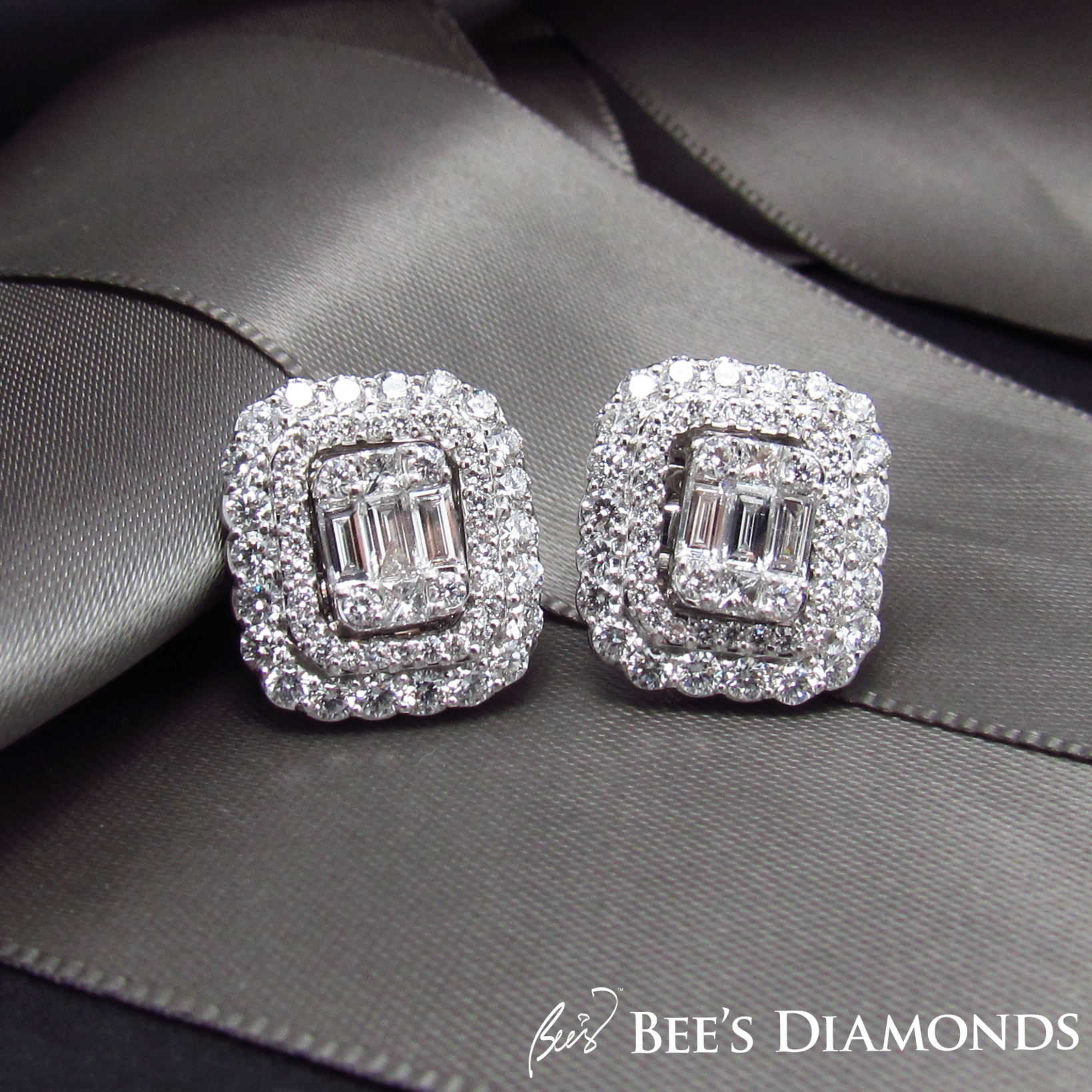 Rectangular, cusom made diamond earrings halos | Bee's Diamonds