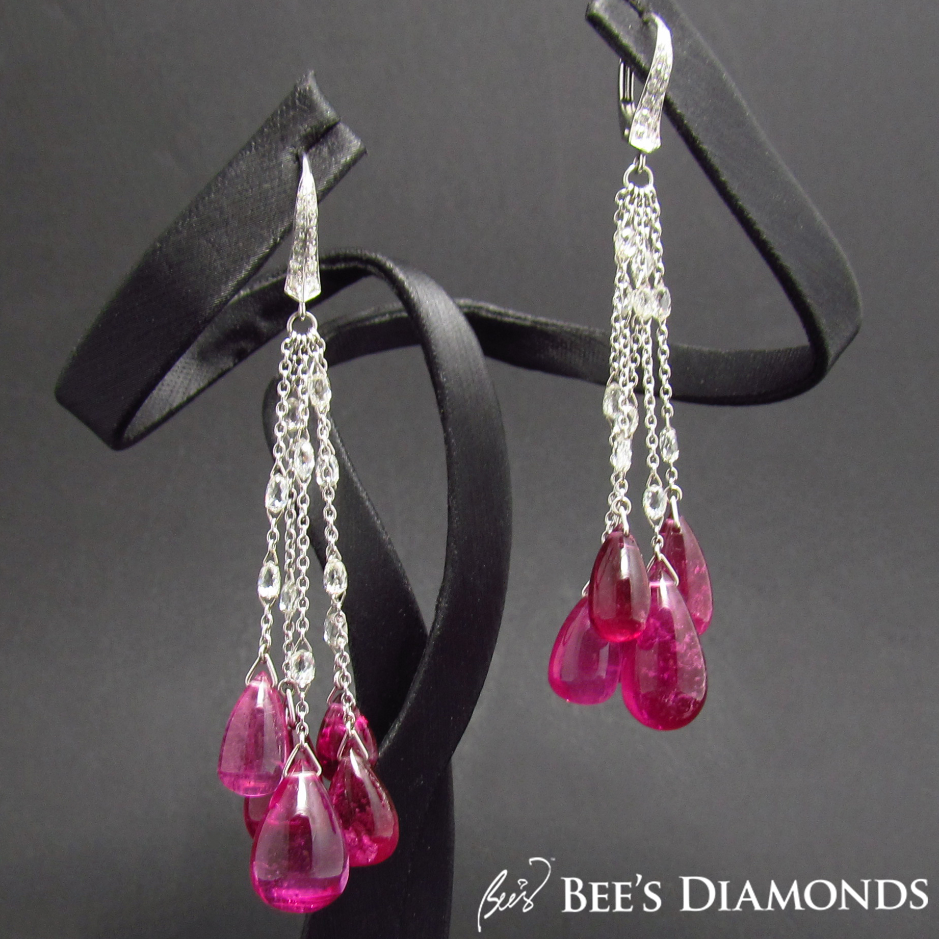 Rubellite drop earrings, diamond earrings, fancy pink | Bee's Diamonds