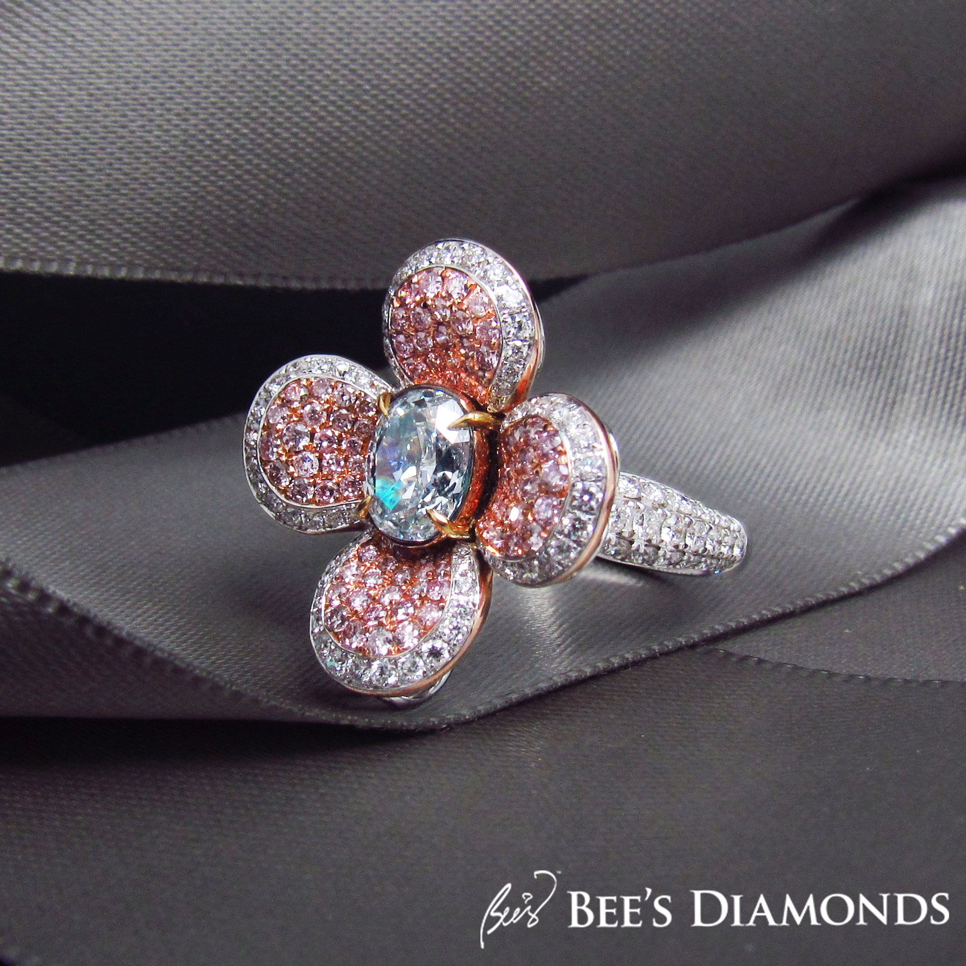 Blue and pink diamond ring, floral design cocktail | Bee's Diamonds