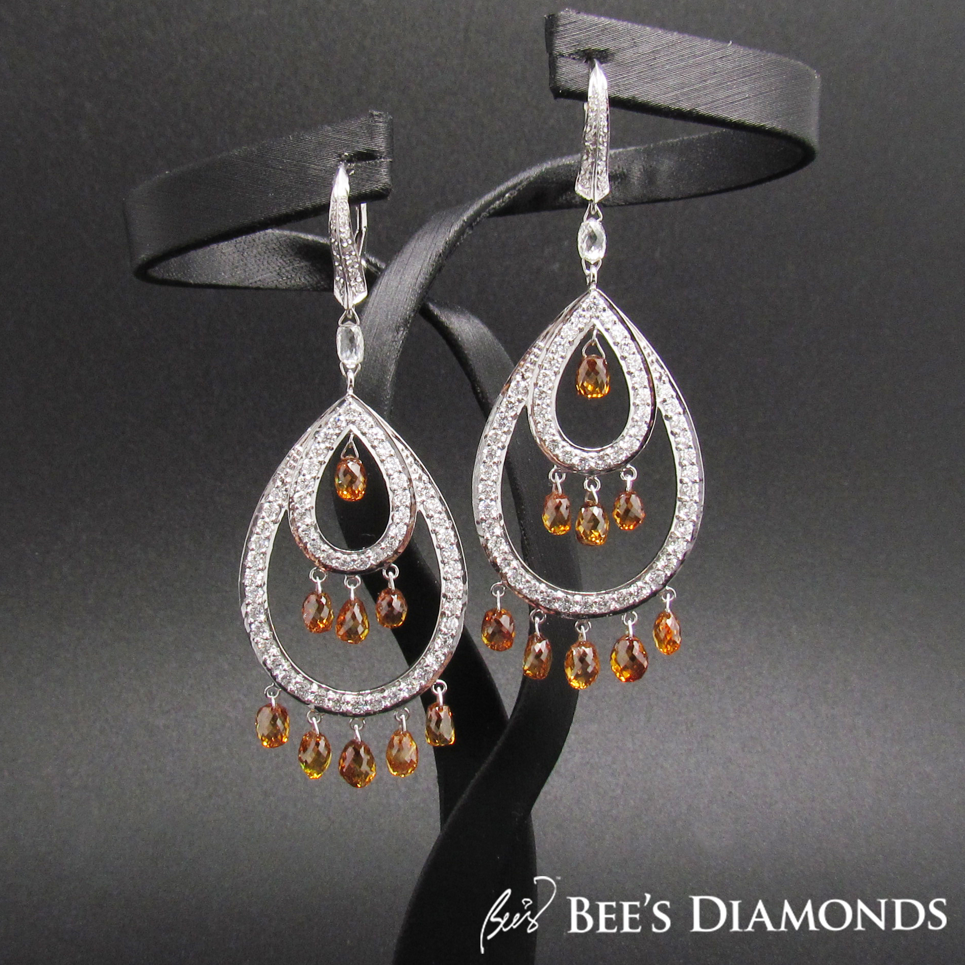 Brownish to orangy briolette diamonds earrings | Bee's Diamonds