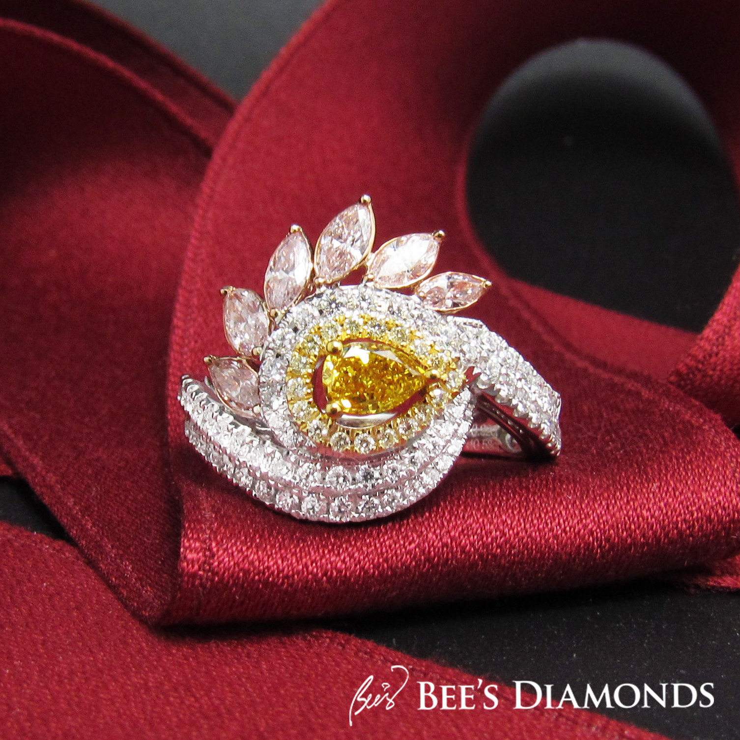 Yellow and pink diamond ring marquise | Bee's Diamonds Hong Kong