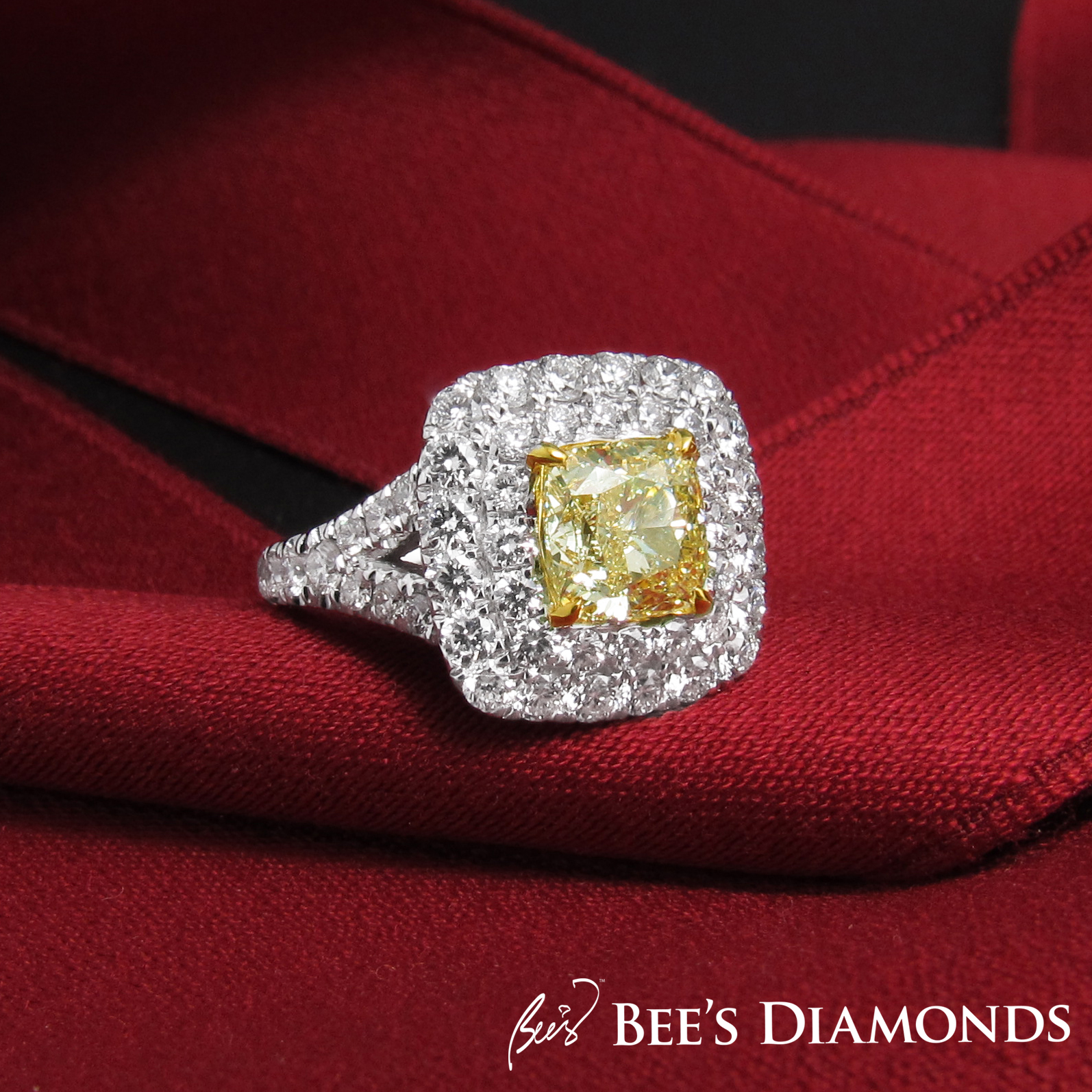 Fancy yellow, cushion cut diamond ring Tiffany, bespoke Hong Kong