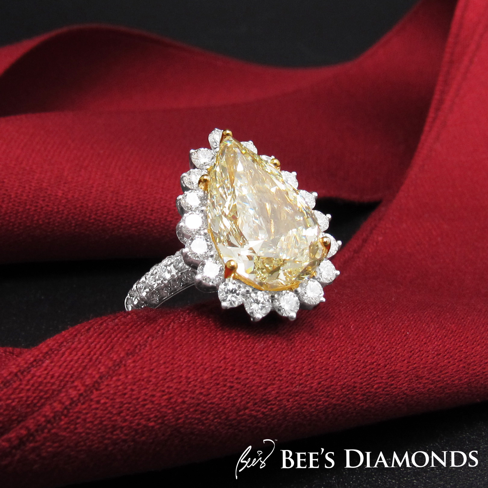 Large pear shape, fancy yellow diamond bespoke ring Hong Kong