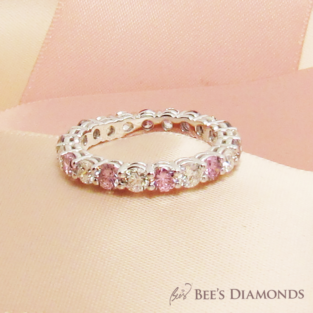 Bespoke Wedding band – Vintage, White Diamonds, Round, pink sapphire