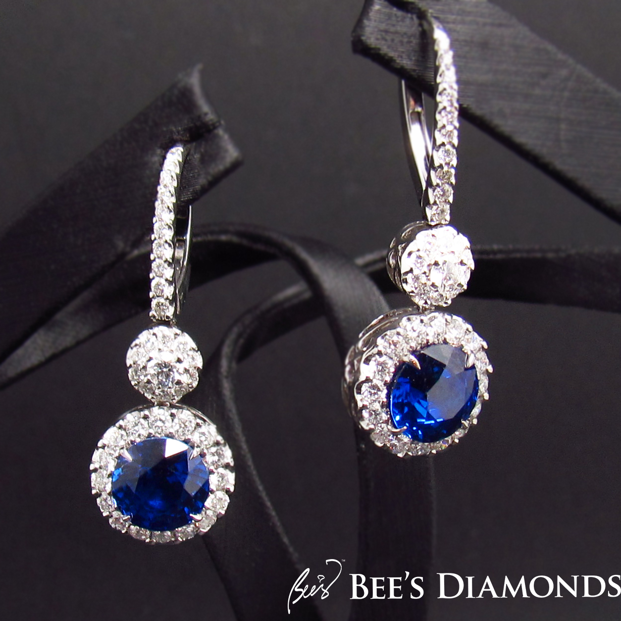 Round sapphire diamond earrings, custom made every day jewels
