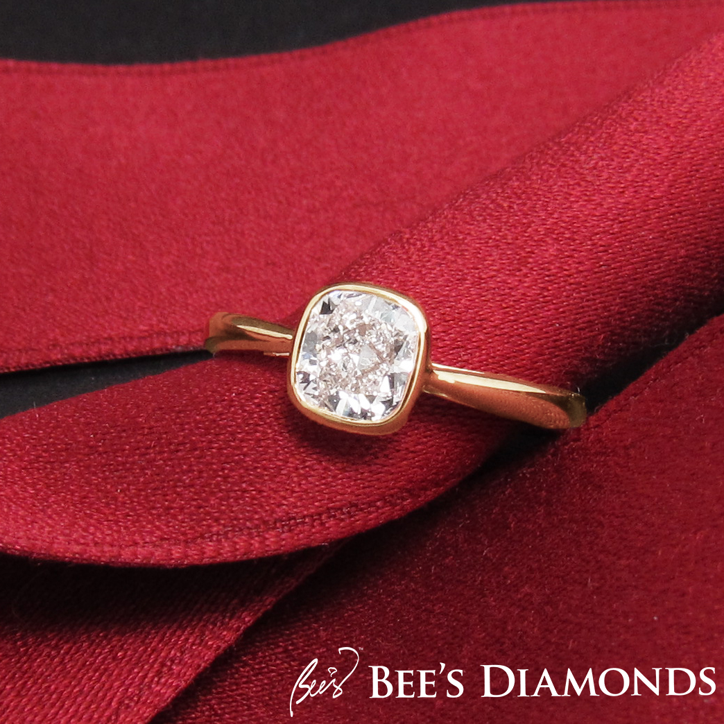 Bezel set cushion cut diamond engagement ring | Bee's Diamonds
