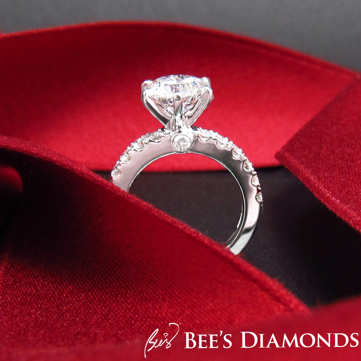 Solitaire diamond engagement ring | pave setting single row diamonds