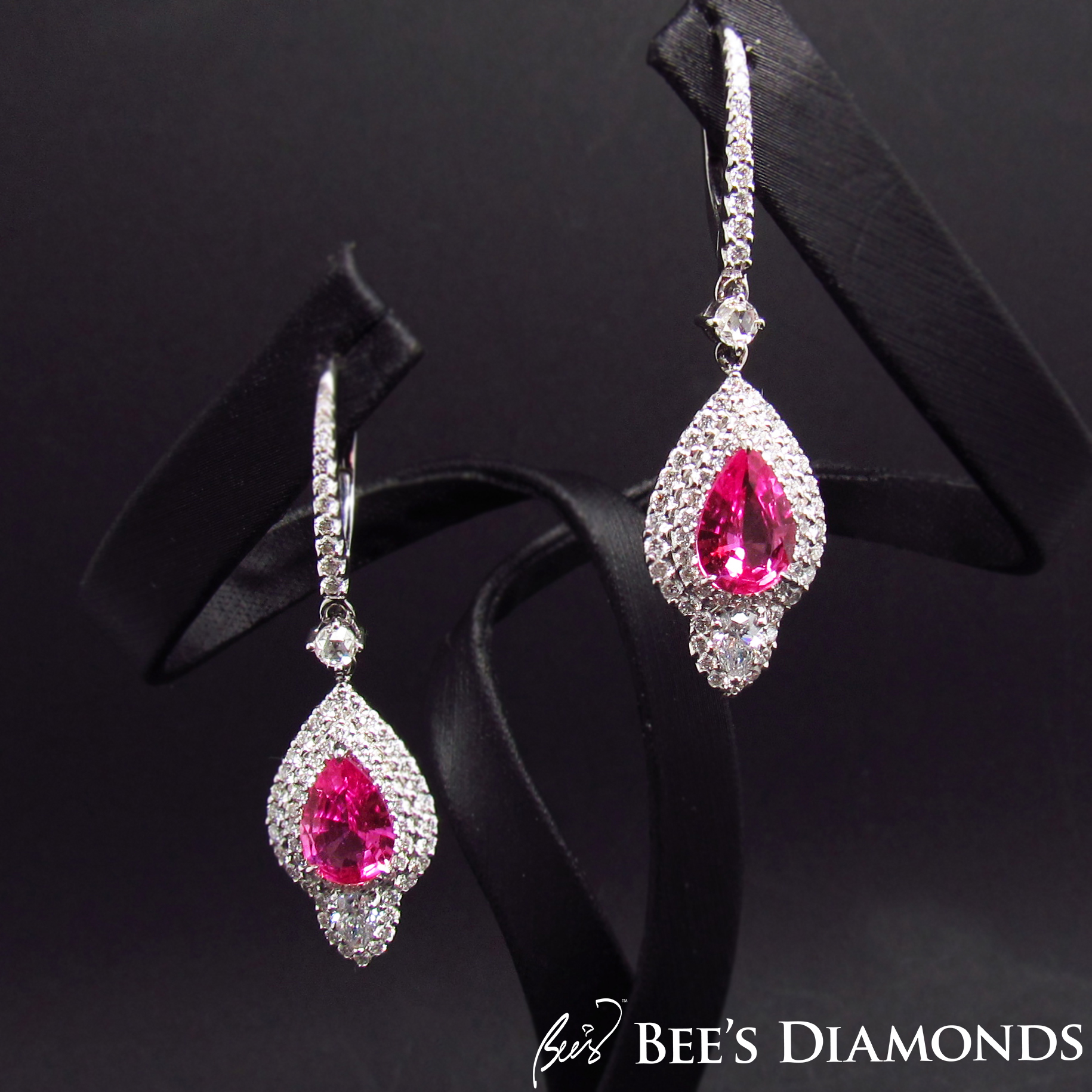 Pink sapphire diamond earrings, dangle earrings, Hong Kong