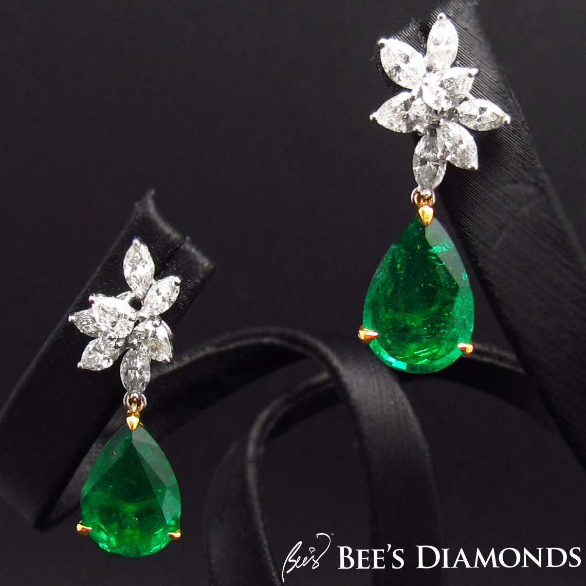 Pear emerald earrings, diamond cluster earrings | Bee's Diamonds