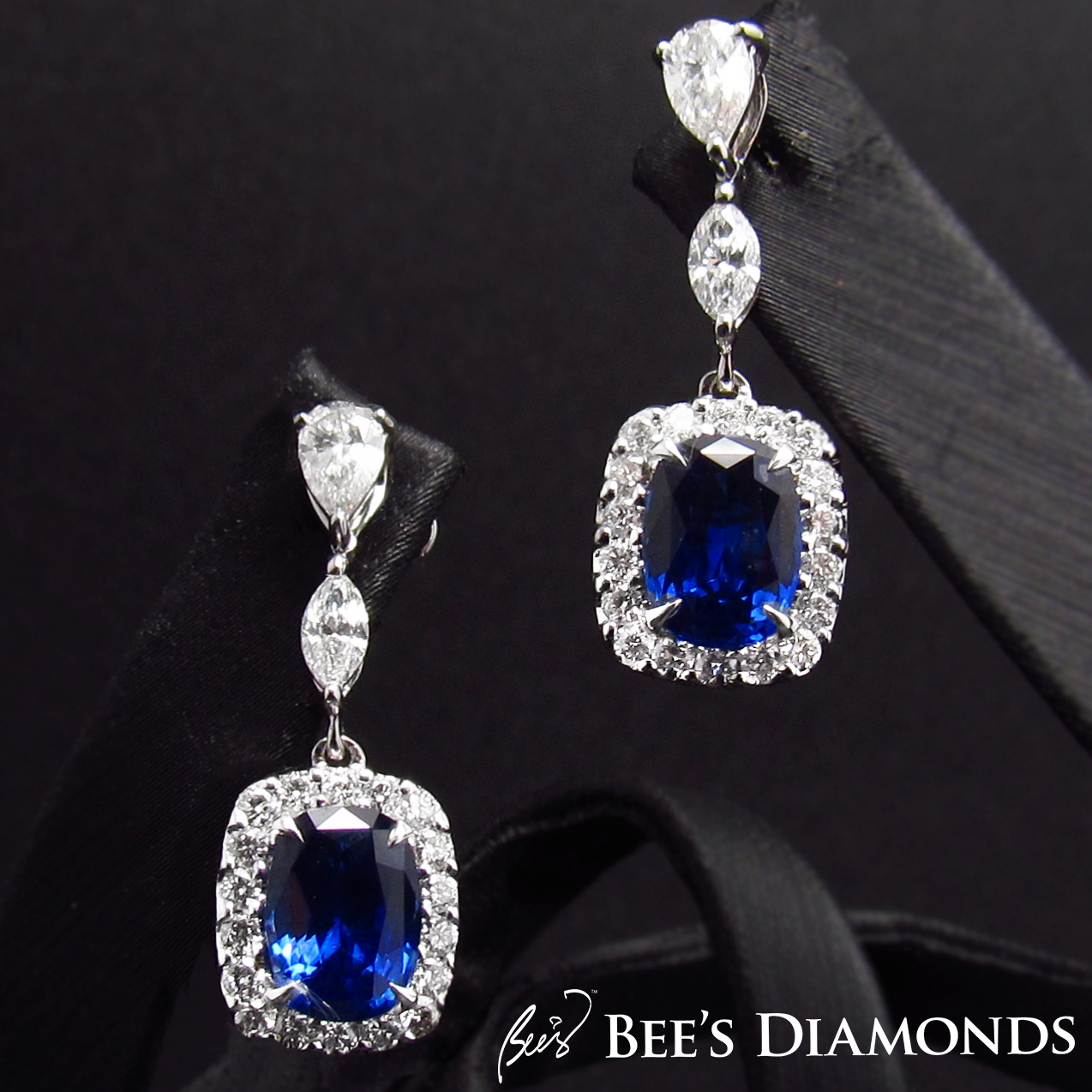 Cushion Sri Lankan sapphires diamond earrings | Bee's Diamonds