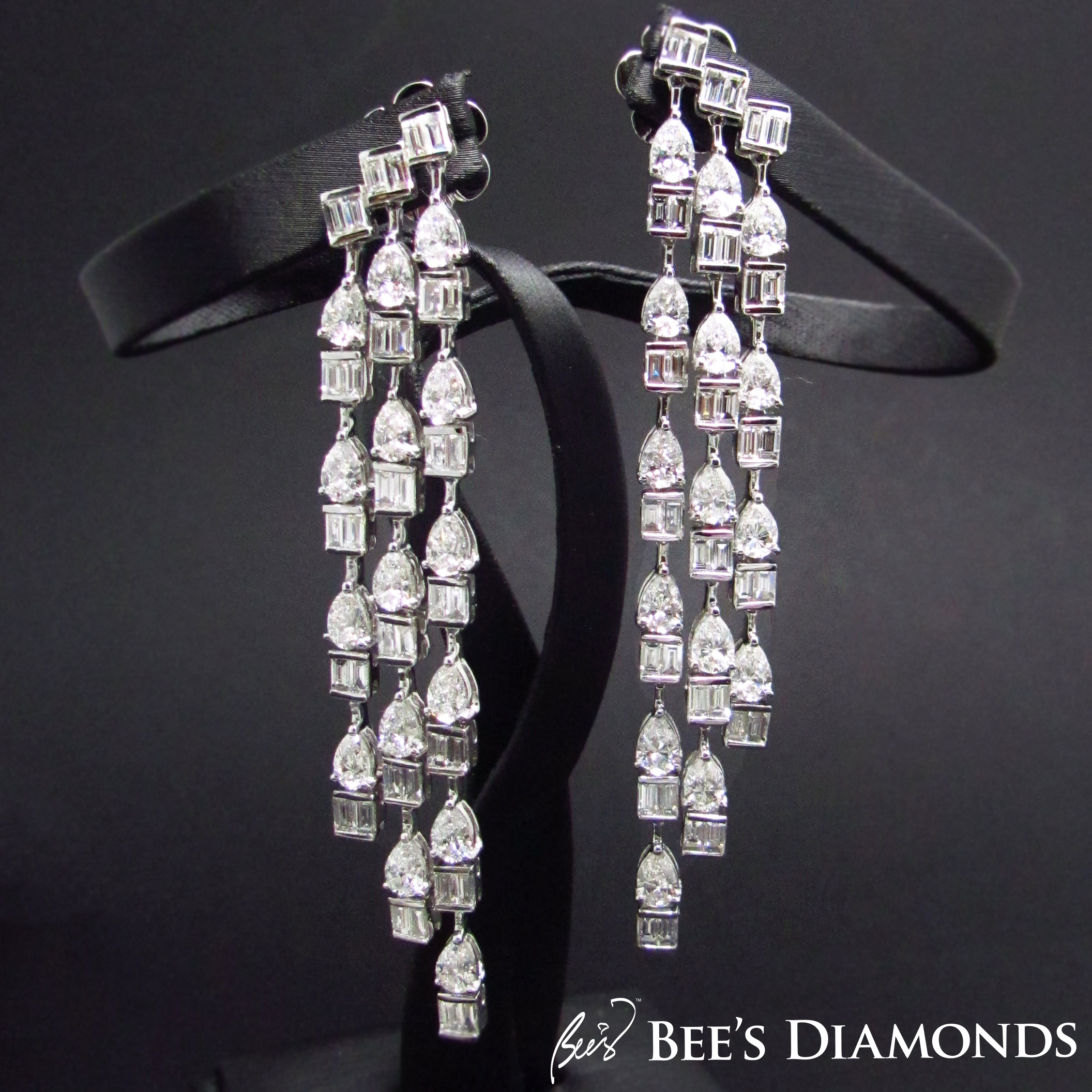 Dangle diamond earrings, pear and round diamonds | Bee's Diamonds
