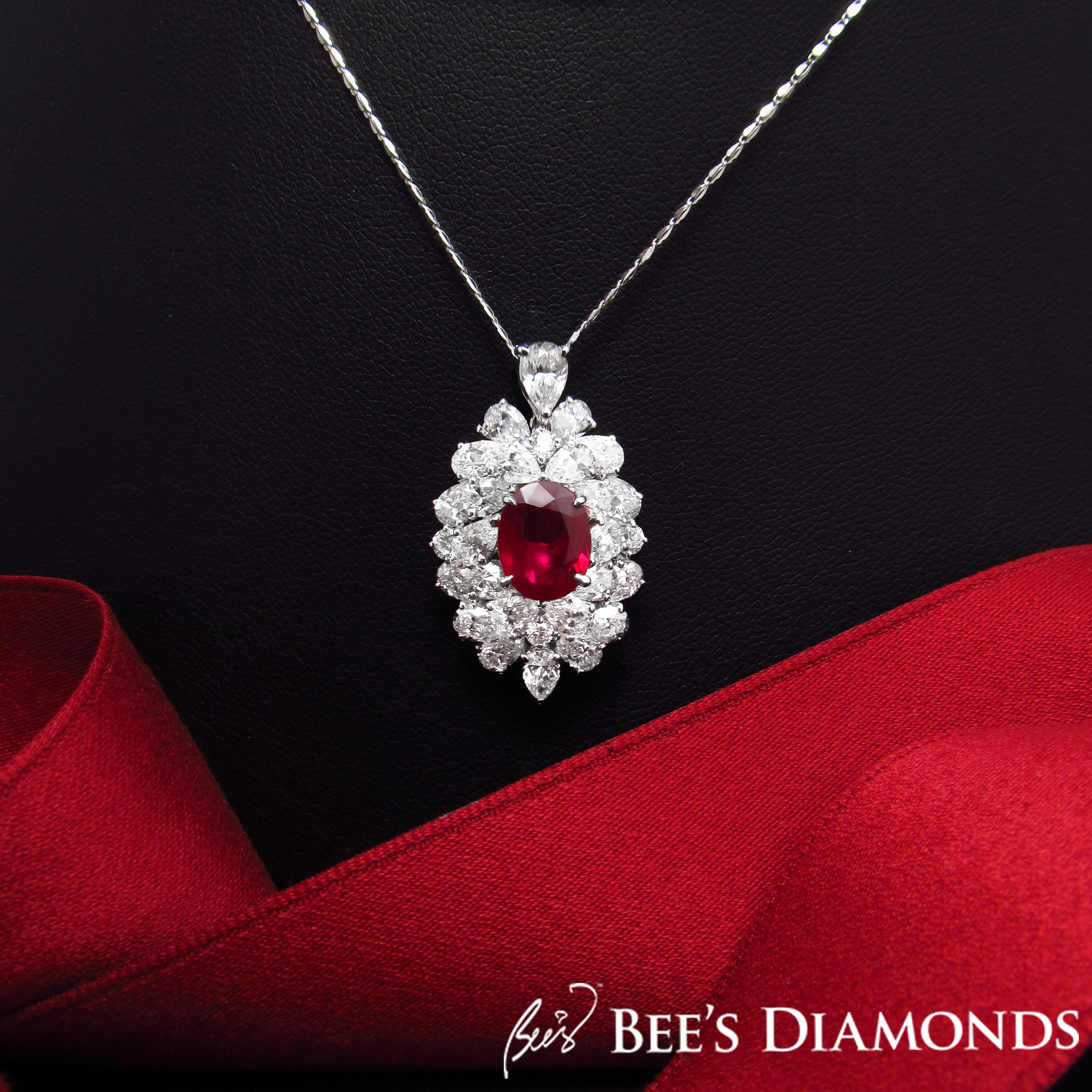 Burma ruby, pigeon blood diamond pendant | Bee's Diamonds