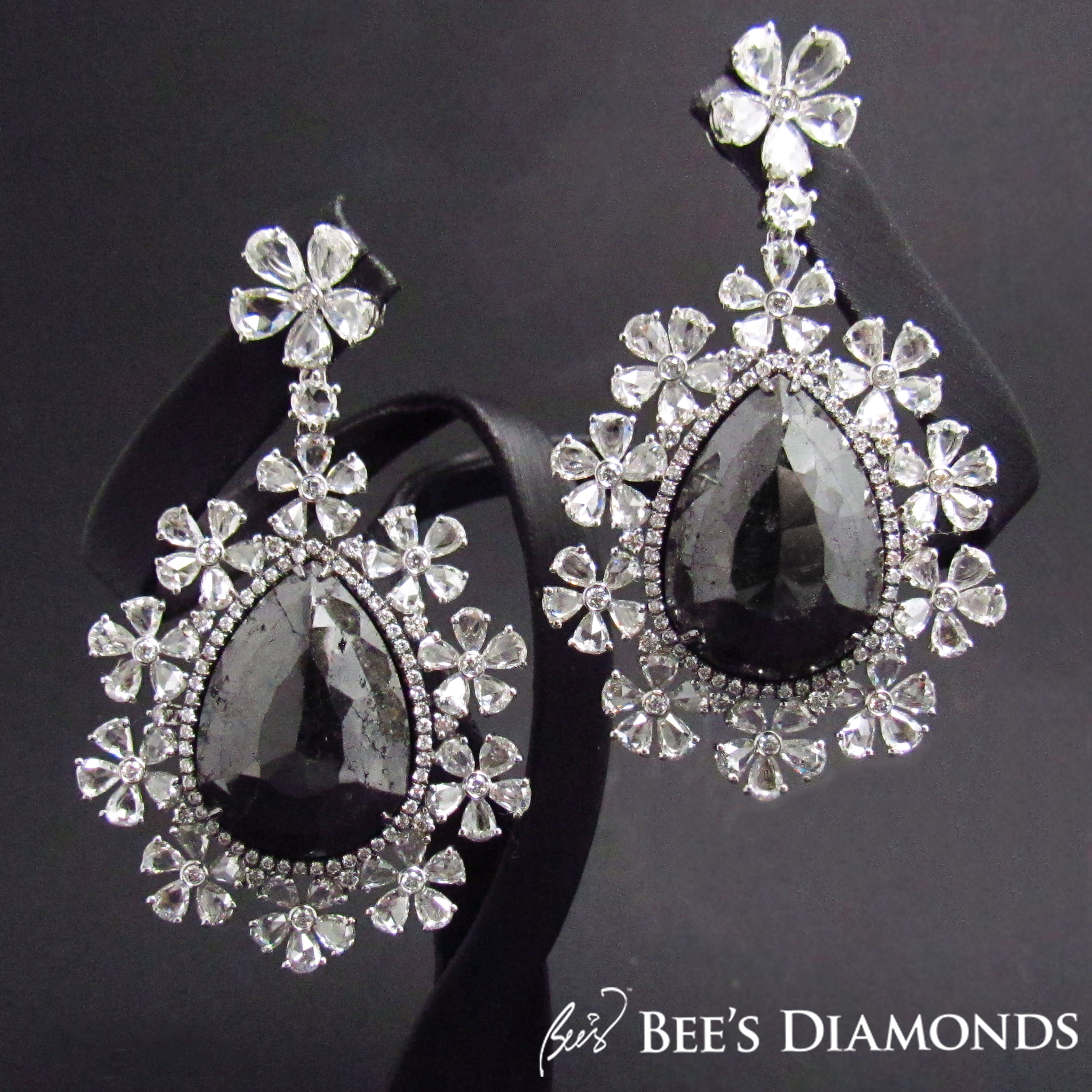 Large black diamond earrings, rose cut pear | Bee's Diamonds