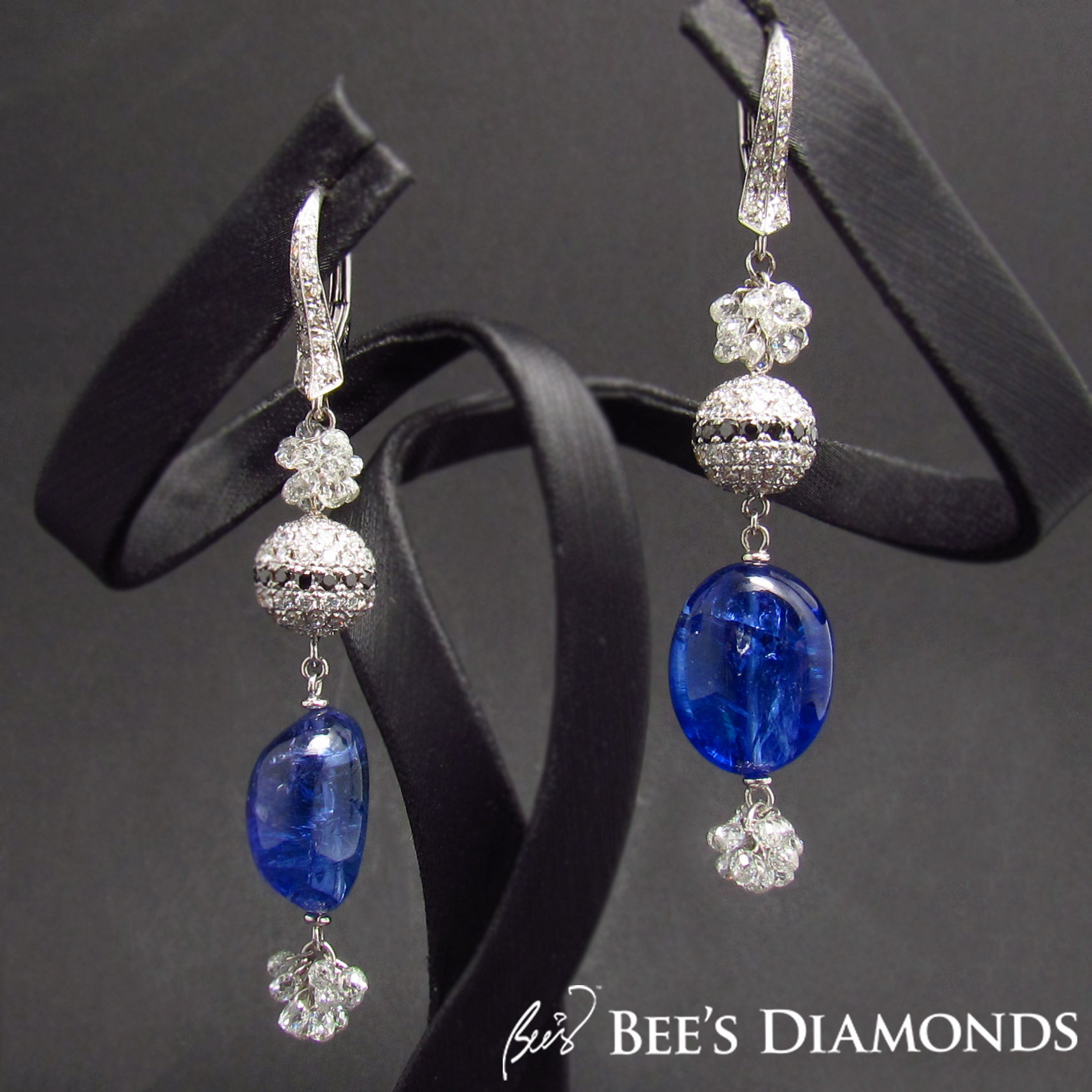 Oval tanzanite earrings, briolette drop diamond earrings | Bee's Diamonds