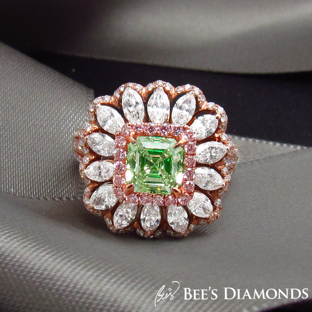 Green and pink diamond ring, ring turned pendant necklace | Bee's Diamonds