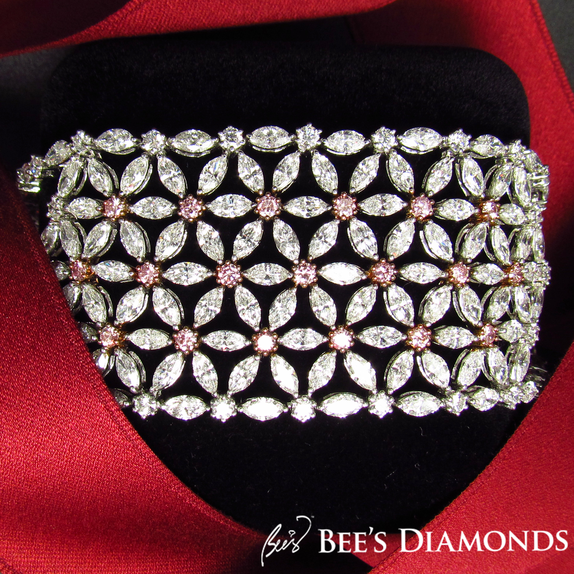Custom made Argyle pink diamonds, floral design bracelet | Bee's Diamonds