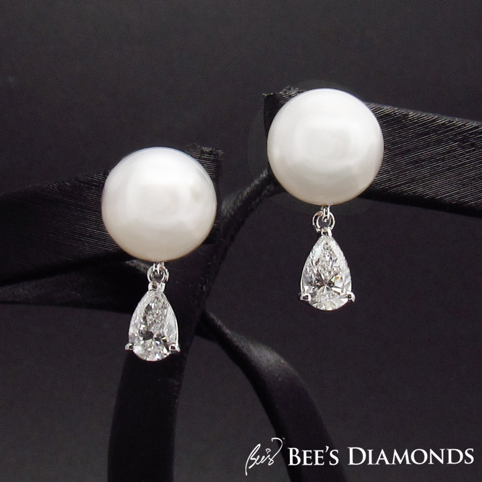 Mikimoto style pearl earrings with diamond pear drops | Bee's Diamonds
