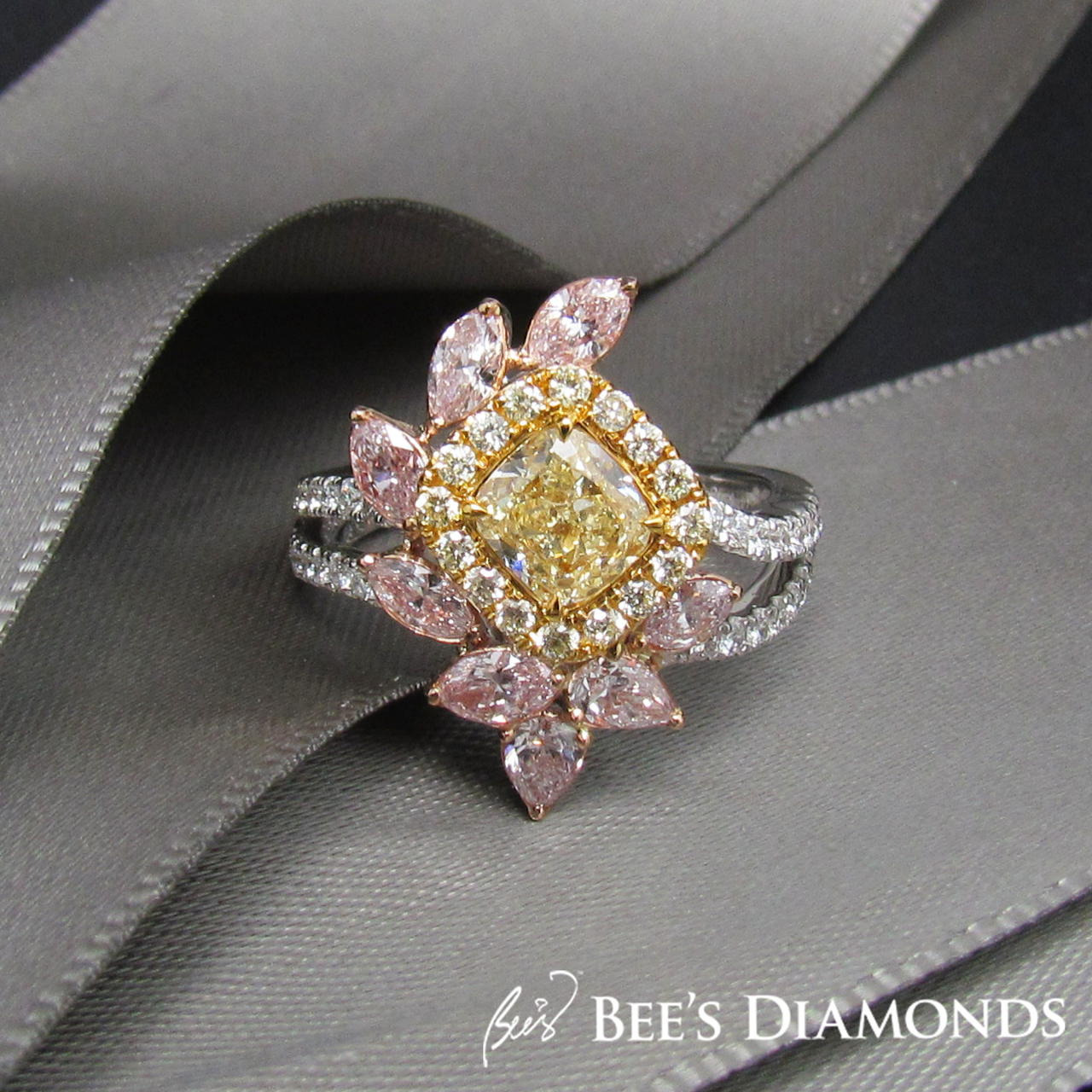 Pink and yellow diamond bespoke ring | Bee's Diamonds