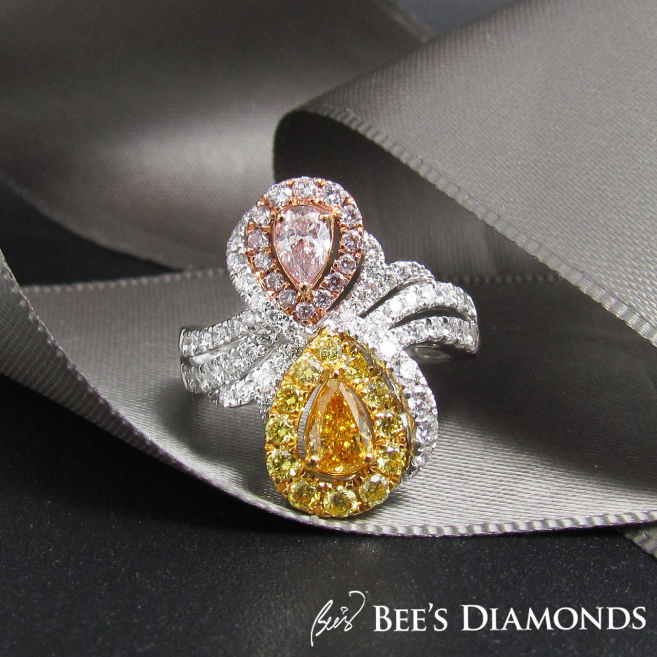 Pink and yellow pear shaped diamond rings | Bee's Diamonds